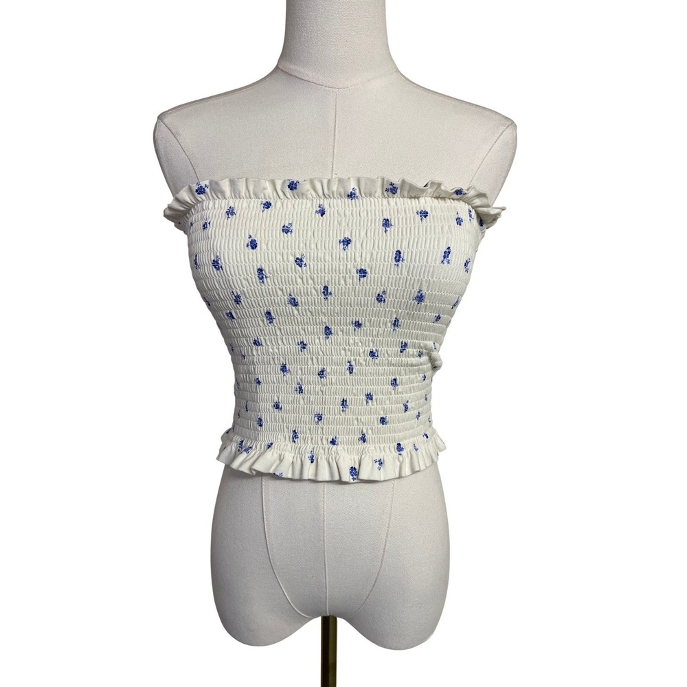 H&M Smocked Tube Top White Blue Floral Ruffle Trim Shirred Women's M Cottagecore